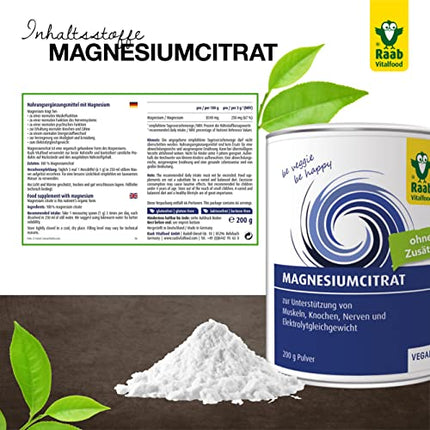 Raab Vitalfood® magnija citrāta pulveris (200 g) - 100% magnija citrāts bez piedevām, viegli dozējams, ideāli piemērots sportistiem - muskuļiem, nerviem, elektrolītu līdzsvaram - laboratoriski pārbaudīts, vegāns