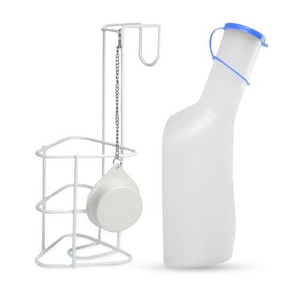 Urīna pudeļu komplekts ar gultas turētāju (urīna pudeles 1000 ml + gultas turētājs ar vāku), izturīga caurspīdīga PP urīna pudele ar vāciņu, viegli nolasāmas mērīšanas līnijas, pārnēsājama ceļojumiem