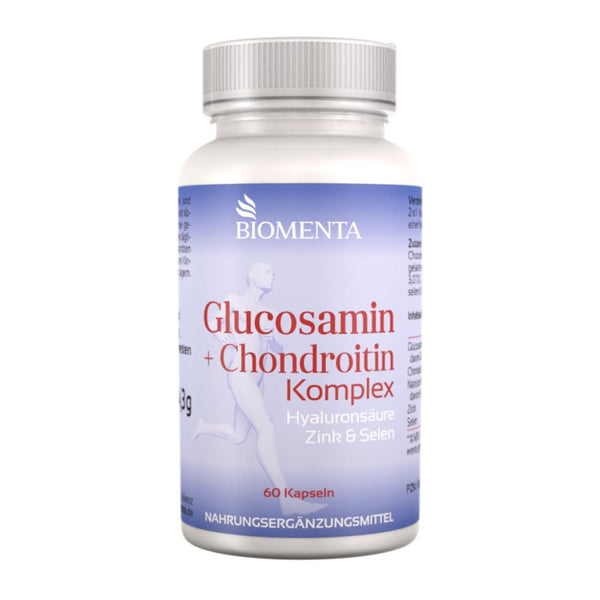 BIOMENTA glikozamīna + hondroitīna komplekss - 60 alergēnu nesaturošas augstas devas kapsulas ar glikozamīna sulfātu, augstas devas hondroitīna sulfātu + hialuronskābi, cinku, selēnu - augstākā kvalitāte
