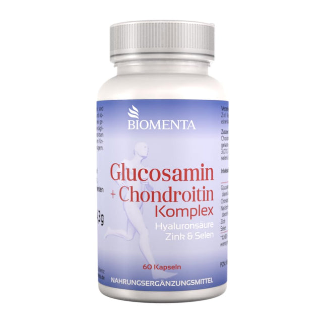 BIOMENTA glikozamīna + hondroitīna komplekss - 60 alergēnu nesaturošas augstas devas kapsulas ar glikozamīna sulfātu, augstas devas hondroitīna sulfātu + hialuronskābi, cinku, selēnu - augstākā kvalitāte