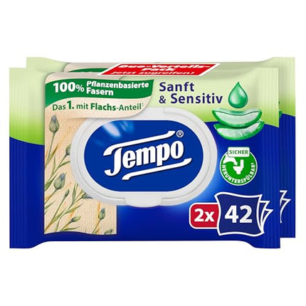 Tempo mitrās tualetes salvetes "Maigas un jutīgas" - ​​Megapack - 16 iepakojumi pa 42 salvetēm katrā - Duo iepakojumi - Dabīgā alveja - Tualetes papīrs, dermatoloģiski pārbaudīts, pH neitrāls ādai