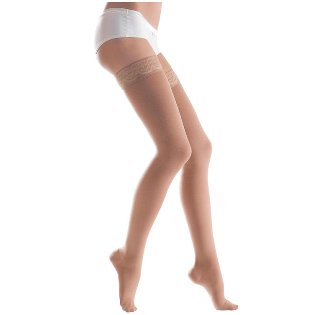 Lauma Medical® kompresijas zeķes sievietēm ar silikona mežģīņu joslu, 2. klase, slēgts purngals, zeķes līdz augšstilbiem, varikozas vēnas, bieža kāju pietūkums.