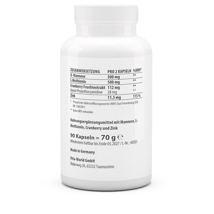 vitaworld Dzērveņu + D-mannozes, 25% proantocianidīnu no dzērvenēm, 500 mg D-mannozes un L-metionīna dienā, vegāns, 90 kapsulas