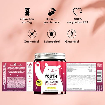 Kolagēna un hialuronskābes želejkonfektes – Skaistuma komplekss ar 2500 mg VERISOL® kolagēna, koenzīma Q10, C un E vitamīniem dabīgai ādas kopšanai – 90 gabali – Bez cukura – Lācīši ar ieguvumiem