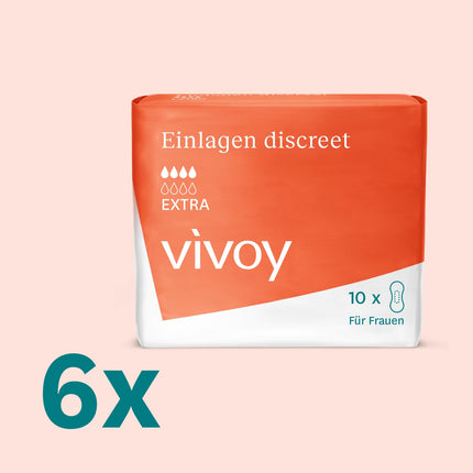 Vivoy Discreet Extra - 60 ieliktņi mēneša iepakojumā (6 x 10 ieliktņi) - mērenas urīnpūšļa vājuma un nesaturēšanas gadījumā - individuāli iesaiņoti higiēniskie ieliktņi sievietēm