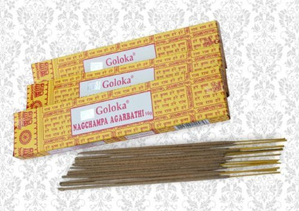 Goloka Nag Champa vīraka kociņi, 16 grami x 12 kastītes, 12 kociņi (1 iepakojums)