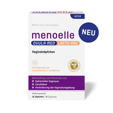 menoelle® OVULA med Lacto Pro. Bakteriālas vaginozes, maksts rauga infekcijas, iekaisušu gļotādu un maksts sausuma gadījumā. Ar pienskābi, probiotikām un kopšanas kompleksu. Bez hormoniem. 10 svecītes.