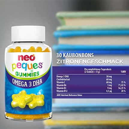 NEO PEQUES Peques | Omega 3 un DHA želejkonfektes bērniem | Citrona garša | 30 vienības | Veicina atmiņu| Želejkonfektes ar holīnu un B vitamīniem | Bērniem no 3 gadu vecuma