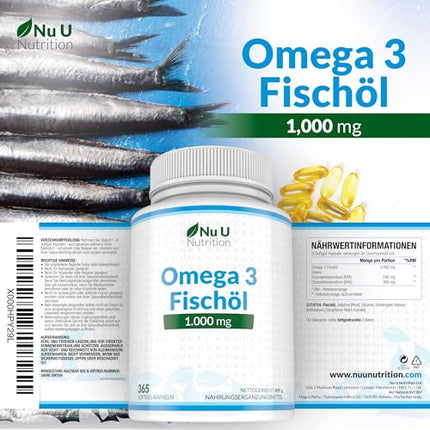 Omega 3 zivju eļļa 1000 mg - 365 kapsulas augstā devā - 900 mg EPA un DHA vienā devā triglicerīdu veidā - Tīra zivju eļļa no ilgtspējīgas zvejas - Neaizstājamās Omega 3 taukskābes - Nu U Nutrition
