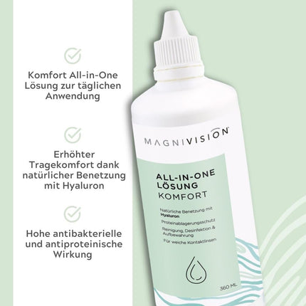MAGNIVISION All-in-One Solution Comfort, 100 ml (ceļojuma izmērs) mīkstajām kontaktlēcām, mīksto kontaktlēcu tīrīšanai un uzglabāšanai, bez borāta, ražots Eiropā