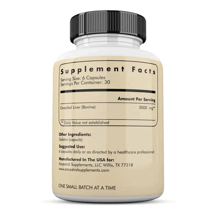 Ancestral Supplements ar zāli barotu liellopu aknu kapsulas, pilna spektra uzturs, bagāts ar B vitamīniem, dzelzi un magniju - 180 kapsulas - 500 mg