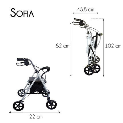 Mobiclinic®, Rollators, Lieli riteņi ceļam, Salokāms, Ar auduma grozu un sēdekli, Izgatavots no alumīnija, Viegls, Izturīgs, Bremzējoši rokturi, Eiropas zīmols, Modelis Sofia, Pelēks