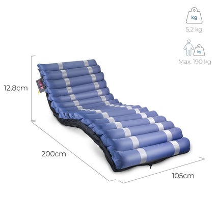 Mobiclinic® pro, Pretatspiedienu matracis ar gaisu, 200x105x12, 8, Mobi 3 Plus, Matracis ar mainīgu spiedienu un kompresoru, Zems trokšņu līmenis, 105 cm plats, 17 gaisa šūnas, I, II un III pakāpes spiediena čūlām, Zils