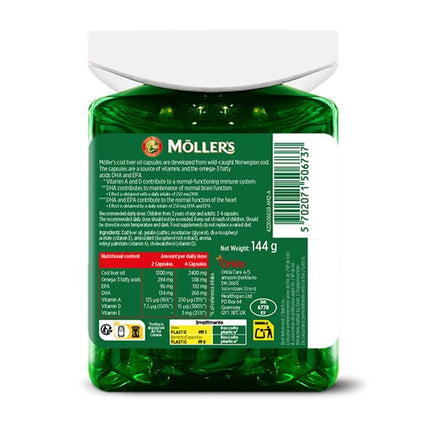Moller's ® | Mencu aknu eļļas kapsulas | Omega-3 taukskābes DHA un EPA, Satur A, D un E vitamīnus, Atbalsta imūnsistēmu, sirds darbību, smadzeņu darbību un redzi | 160 gabali