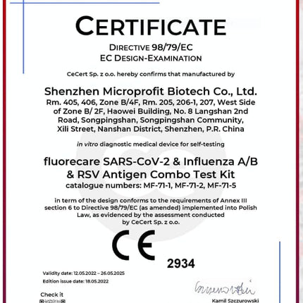 fluorecare SARS-CoV-2, gripas A/B un RSV kombinētais eksprestests, koronavīrusa eksprestests