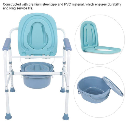 Tualetes krēsls Salokāms tualetes pods Ergonomisks sēdeklis ar roku balstiem Dušas krēsls ar spaini Naktsskapītis Tualetes krēsls ar tualetes poda roku un neslīdošu kāju pamatni, ideāli piemērots vecāka gadagājuma cilvēkiem ar invaliditāti