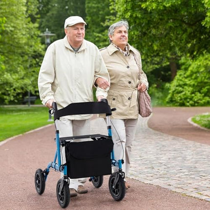 FANTASK 2-in-1 rollators ar pneimatiskajām riepām un sēdekli līdz 160 kg, salokāms un viegls alumīnijs ar somu un spieķa turētāju, staigāšanas palīglīdzeklis ar 6 virzienu augstuma regulēšanu, ratiņkrēsls un ceļojumu rollators (zils)
