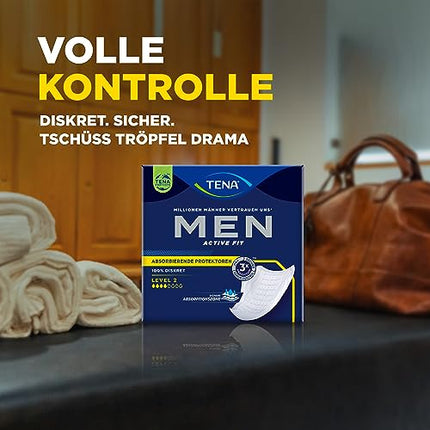 TENA MEN uzsūcošie ieliktņi, 2. līmenis — 60 ieliktņi mēneša iepakojumā (6 x 10), individuāli iesaiņoti — vīriešu higiēniskās paketes mērenai urīna zudumam un nesaturēšanai