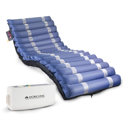 Mobiclinic® pro, Pretatspiedienu matracis ar gaisu, 200x105x12, 8, Mobi 3 Plus, Matracis ar mainīgu spiedienu un kompresoru, Zems trokšņu līmenis, 105 cm plats, 17 gaisa šūnas, I, II un III pakāpes spiediena čūlām, Zils