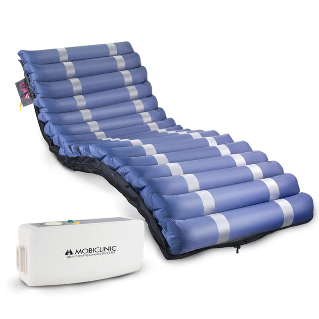 Mobiclinic® pro, Pretatspiedienu matracis ar gaisu, 200x105x12, 8, Mobi 3 Plus, Matracis ar mainīgu spiedienu un kompresoru, Zems trokšņu līmenis, 105 cm plats, 17 gaisa šūnas, I, II un III pakāpes spiediena čūlām, Zils