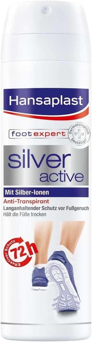 Hansaplast Silver Active pēdu aerosols (150 ml), pēdu dezodorants-antiperspirants ar 72 stundu aizsardzību pret pēdu nepatīkamo aromātu un sviedriem, aktīvais komplekss ar sudraba joniem