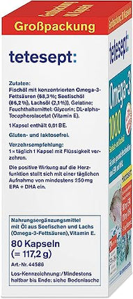 tetesept Omega-3 1000 - jūras zivju un lašu eļļas kapsulas - augsta Omega 3 taukskābju deva DHA, EPA un E vitamīns - uztura bagātinātājs sirds un asinsvadu sistēmas atbalstam - 80 kapsulas (1 iepakojums)
