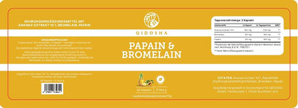 QIDOSHA® Papain Bromelain zarnās šķīstošās kapsulās, 320 mg vienā kapsulā, 90 kapsulas farmaceita glāzē, augstākā enzīmu aktivitāte 6194 USP (papaīns), Papain enzīms no papaijas, Bromelaīns no ananasiem