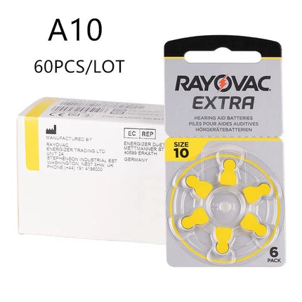 Rayovac Extra Advanced cinka-gaisa dzirdes aparātu baterijas, 10 gab. iepakojumā, ar 60 baterijām, piemērotas dzirdes aparātiem un dzirdes pastiprinātājiem, dzeltenas
