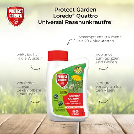 PROTECT GARDEN Universāls zāliena nezāļu iznīcinātājs Loredo Quattro zāliena nezāļu iznīcinātājs pret spītīgām nezālēm ar 4 kārtīgu darbību, 400 ml