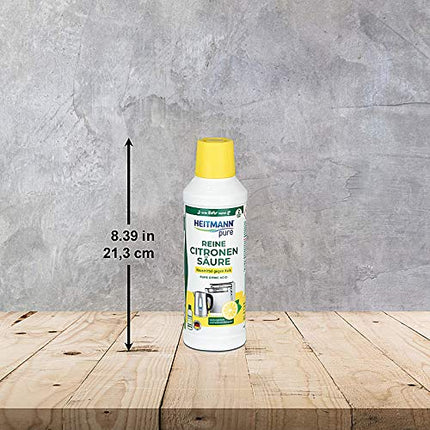 HEITMANN tīra citronskābe | Šķidrs organiskais atkaļķotājs virtuvei un vannas istabai | Efektīvs pret kaļķakmens nogulsnēm | 100% dabīgas sastāvdaļas | Pārtikas nekaitīgums | 500 ml