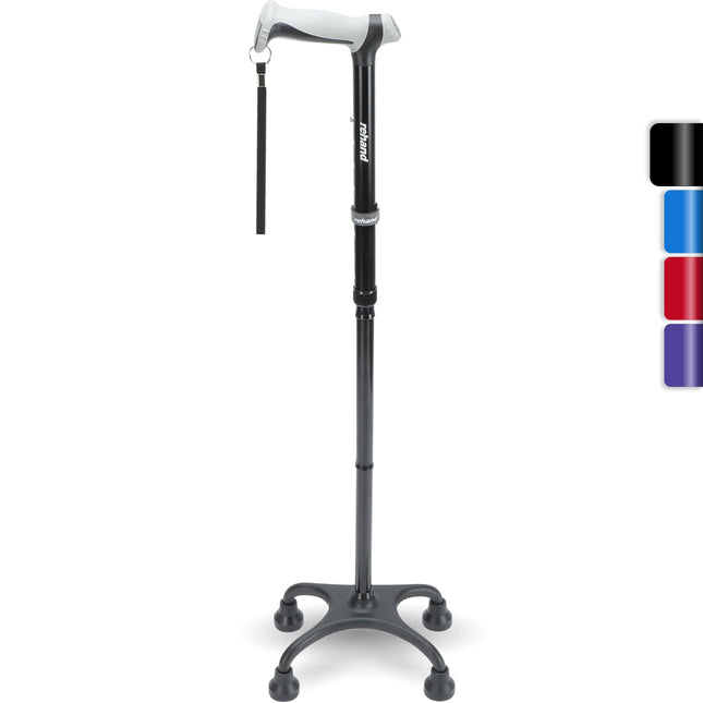 Četrkāju spieķis, spieķis ar ergonomisku rokturi un elegantu 4 zaru pamatni, regulējami spieķi labročiem vai kreisročiem, vīriešiem, sievietēm un senioriem (melns)