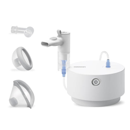 OMRON X105 uzlabots universāls inhalators bērniem un pieaugušajiem, “Good” Stiftung Warentest 12/24, jaudīgs inhalators akūtu un hronisku elpceļu slimību ārstēšanai; augstas kvalitātes aksesuāri