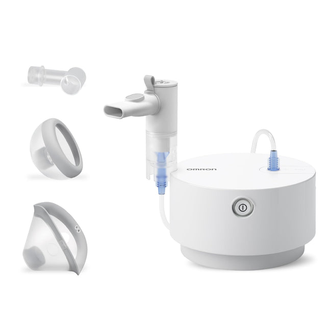 OMRON X105 uzlabots universāls inhalators bērniem un pieaugušajiem, “Good” Stiftung Warentest 12/24, jaudīgs inhalators akūtu un hronisku elpceļu slimību ārstēšanai; augstas kvalitātes aksesuāri