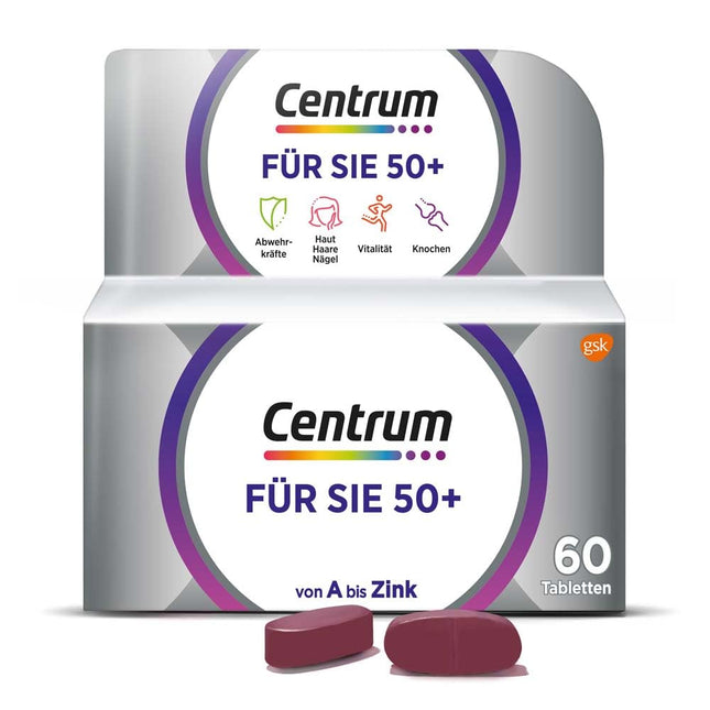 Multivitamīni - Centrum For You 50+ – Augstas kvalitātes uztura bagātinātājs ar mikroelementiem – Īpaši sievietēm virs 50 gadiem – Vitamīni, minerālvielas, mikroelementi – 1 x 60 tabletes