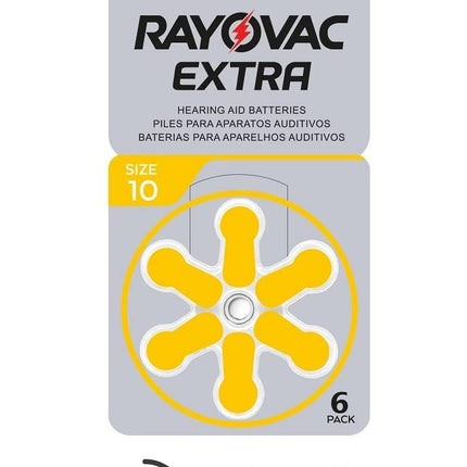 Rayovac Extra Advanced cinka-gaisa dzirdes aparātu baterijas, 10 gab. iepakojumā, ar 60 baterijām, piemērotas dzirdes aparātiem un dzirdes pastiprinātājiem, dzeltenas