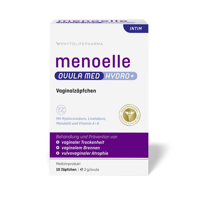 menoelle® OVULA med Hydro+ maksts sausuma, dedzināšanas, niezes, saspringuma un kairinātas vai iekaisušas maksts gļotādas ārstēšanai – bez hormoniem un reģenerējoša. 10 svecītes.