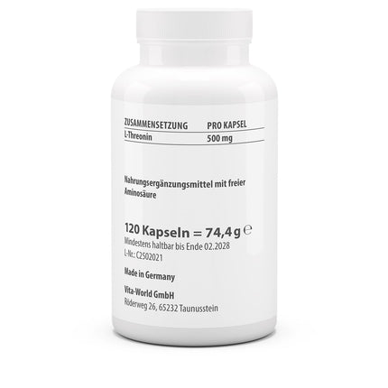 vitaworld L-treonīns 500 mg, neaizvietojamā aminoskābe, 120 kapsulas