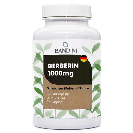 Bandini® Berberīns 1040 mg tīrs, augsta deva | 180 vegānas kapsulas | Tīrs berberīna HCl no Berberis Aristata 97% + hroms un melnie pipari | Maksimālā absorbcija | Gremošana, aknas, zarnu darbība