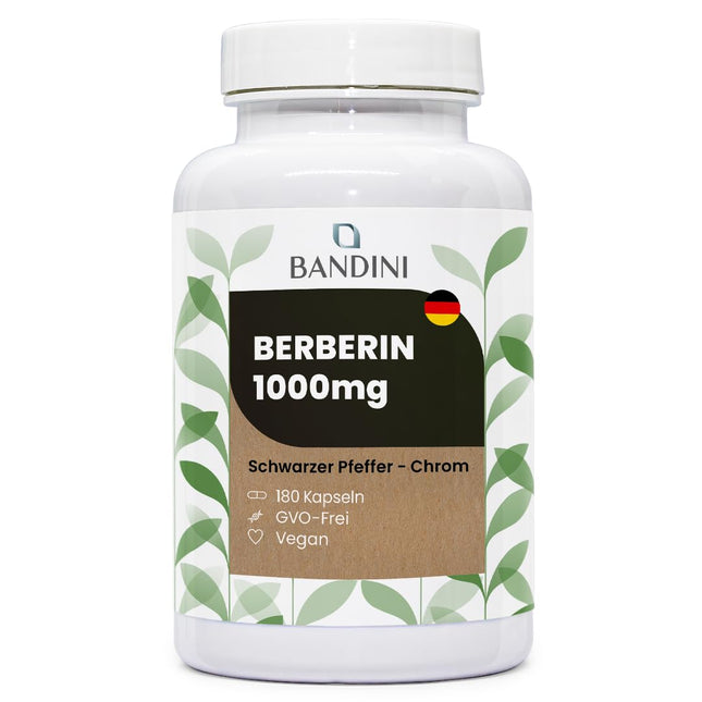 Bandini® Berberīns 1040 mg tīrs, augsta deva | 180 vegānas kapsulas | Tīrs berberīna HCl no Berberis Aristata 97% + hroms un melnie pipari | Maksimālā absorbcija | Gremošana, aknas, zarnu darbība