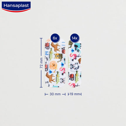 Hansaplast bērnu plāksteris jutīgai ādai (20 strēmelītes), brūču plāksteris ar mīlīgiem dzīvnieku motīviem uzmundrināšanai, nesāpīgi noņemams plāksteris