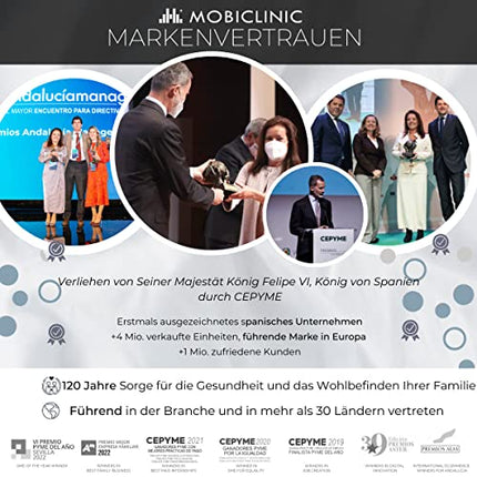 Mobiclinic, tualetes krēsls ar riteņiem, Barco, Eiropas zīmols, tualetes poda sēdeklis vecāka gadagājuma cilvēkiem un cilvēkiem ar invaliditāti, tualetes poda sēdeklis, salokāmi roku balsti, noņemami kāju balsti, vāks, stāvbremze, zils