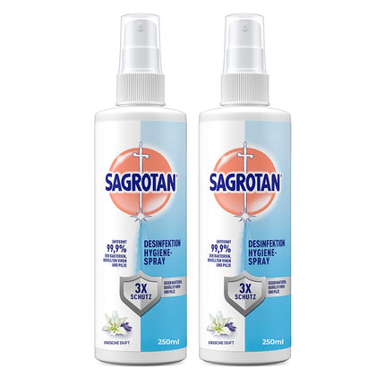 Sagrotan higiēnas pumpja aerosols – dezinfekcijas līdzeklis tekstilizstrādājumiem un virsmām mājās – 2 x 250 ml aerosola pudeles praktiskā izdevīgā iepakojumā