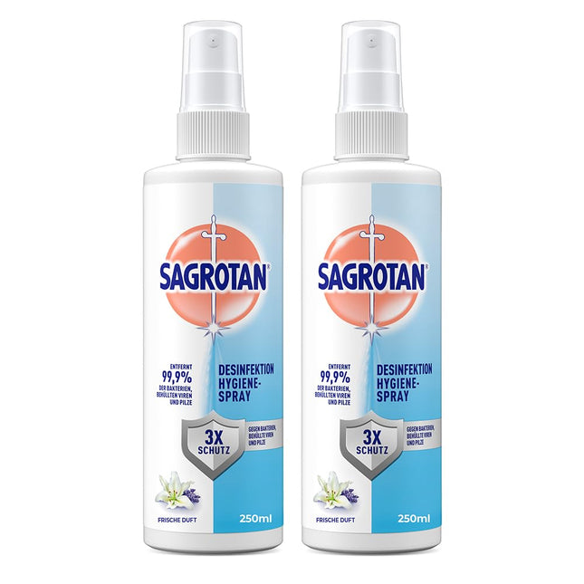 Sagrotan higiēnas pumpja aerosols – dezinfekcijas līdzeklis tekstilizstrādājumiem un virsmām mājās – 2 x 250 ml aerosola pudeles praktiskā izdevīgā iepakojumā