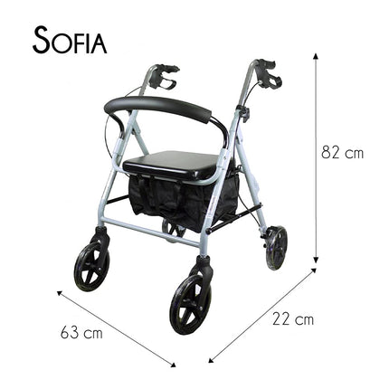 Mobiclinic®, Rollators, Lieli riteņi ceļam, Salokāms, Ar auduma grozu un sēdekli, Izgatavots no alumīnija, Viegls, Izturīgs, Bremzējoši rokturi, Eiropas zīmols, Modelis Sofia, Pelēks
