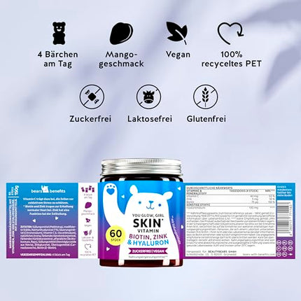 Lācīši ar ieguvumiem hialuronskābes gumijas konfektes - Starojoša āda ar 100 mg augstas devas hialuronskābi, C vitamīnu, cinku, biotīnu - 60 gabaliņi - bezcukura vitamīnu gumijas konfektes