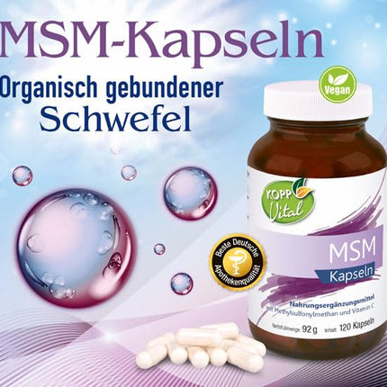 KOPP Vital® MSM | Kapsulas - vegānas | 92 g | 1 x 120 kapsulas | ar C vitamīnu | Organiski saistīts sērs | Bez glutēna | Bez laktozes | Aptiekas kvalitāte