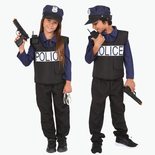 RUBIE'S policijas kostīms bērniem – izmērs 5-7 gadi – ļoti pilns kostīms ar kreklu, biksēm, krūšu bruņām, cepuri, roku dzelžiem, pistoli, rāciju – karnevālam, dzimšanas dienai