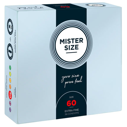 MISTER SIZE prezervatīvi, īpaši mīksti, 60 mm, 36 gab. iepakojumā/īpaši plāni, īpaši smalki, īpaši mitri/izgatavoti no 100% dabīgā lateksa kaučuka L - XL izmērā/dabiskas sajūtas, 36 gab. iepakojumā