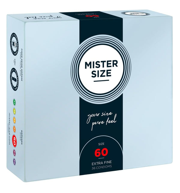MISTER SIZE prezervatīvi, īpaši mīksti, 60 mm, 36 gab. iepakojumā/īpaši plāni, īpaši smalki, īpaši mitri/izgatavoti no 100% dabīgā lateksa kaučuka L - XL izmērā/dabiskas sajūtas, 36 gab. iepakojumā