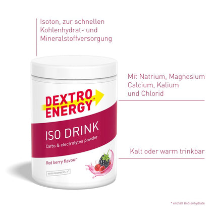 Dextro Energy, Iso Drink elektrolītu sporta dzēriena pulveris, sarkanas ogas, ar nātriju, magniju, kāliju, hlorīdu, ātrai enerģijai, 440g